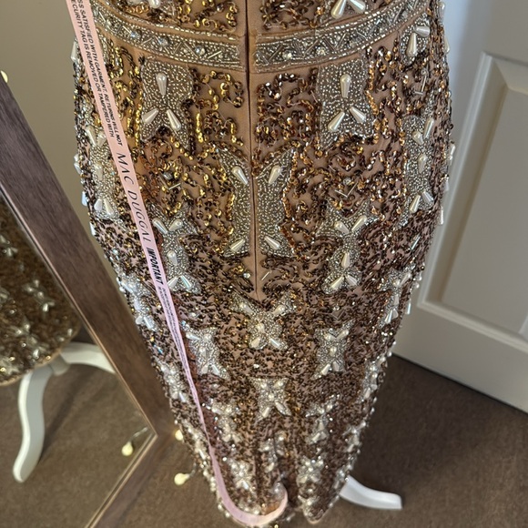 MAC DUGGALBeige Embellished High Neck Sleeveless A Line Dress